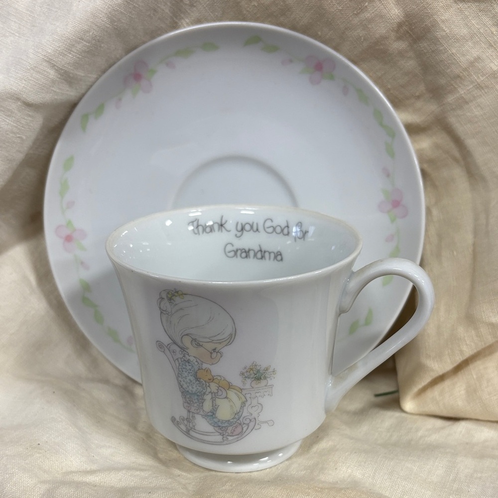 Thank You God for Grandma Tea Cup and Saucer - White with Pastel Floral